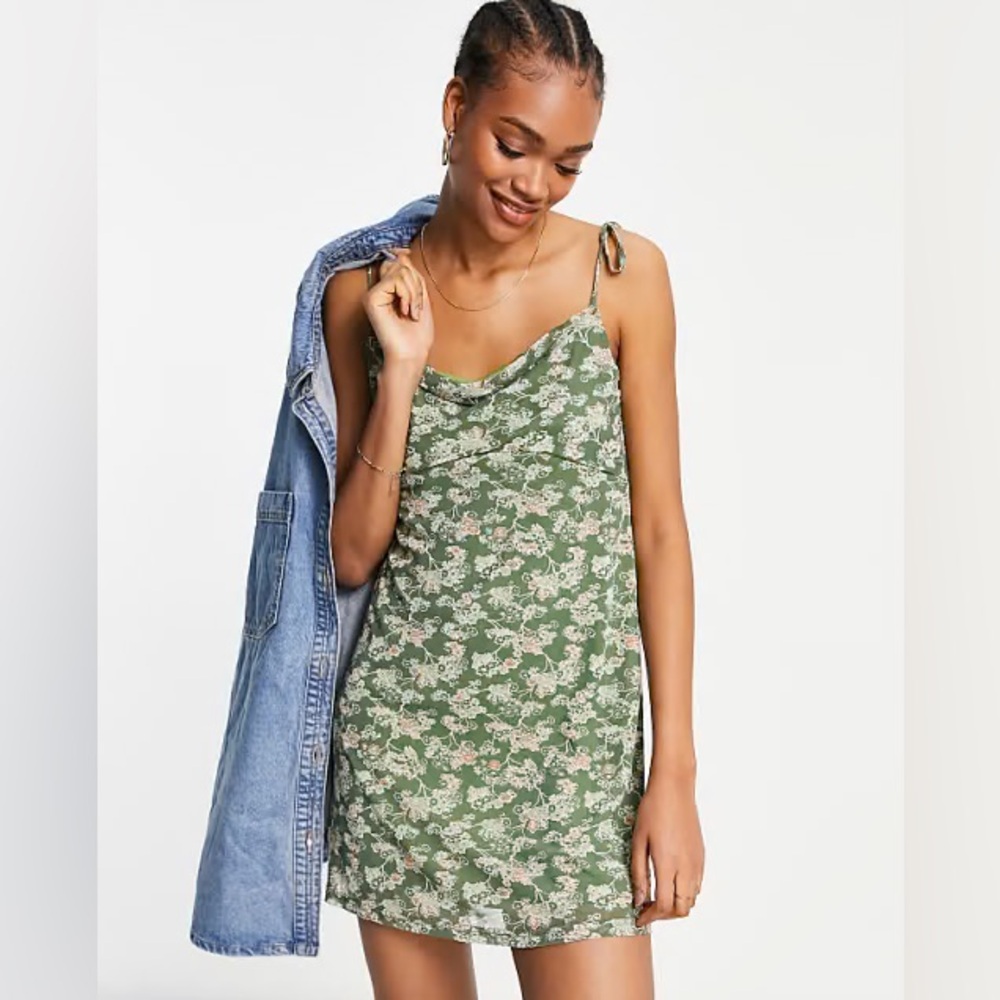 Fashion Union Cami Mini Dress with Cowl Neck in Floral Mesh